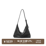 裘真【明星推荐】经典hobo包植鞣牛皮腋下通勤休闲饺子女包 黑色-大号 小包/大包
