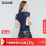洲克（ZOKE）泳衣女连体两件套裙摆短袖温泉平角少女120501242深兰底黄绿花3XL