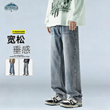 顶峰保罗（Dingfengbaoluo）美式牛仔裤男春秋季高街直筒宽松潮牌男生阔腿长裤DFS05怀旧蓝M