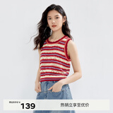 伊芙丽圆领彩色条纹间色镂空针织背心女春秋装新款内搭休闲毛衫 红色 M 160/85CM
