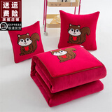 静之翔纯棉便携式抱枕被子二合一两用枕头车载办公室靠枕垫送朋友礼物 小松鼠中国红【加绒加厚款】 50*50展开被子145*195CM一只装