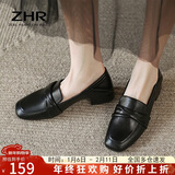 ZHR乐福鞋女一脚蹬真牛皮粗跟单鞋懒人鞋方头舒适英伦皮鞋女BL66黑35
