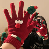 QUEEN TRIP可爱新年圣诞红色露指触屏毛线针织五指手套女冬季保暖防寒骑行车 圣诞绿色手套【加绒加厚/骑车必备】可触屏