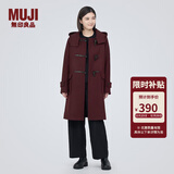 MUJI女式 羊毛混牛角扣大衣长款连帽毛呢呢子外套秋冬季外衣女装 深紫红色 S (155/80A)