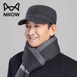 猫人帽子男士秋冬季爷爷加绒鸭舌帽爸爸中老年人毛呢护耳平顶帽 深灰
