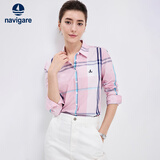 Navigare意大利小帆船女士长袖衬衫春秋季休闲格子衬衣莱赛尔高档寸衫 洋红/白 XL