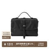 裘真新年礼物 植鞣牛皮007邮差包女真皮大容量通勤单肩斜挎包复古包 黑色