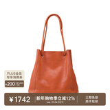 裘真新年礼物 008水桶包女斜挎通勤大容量真皮复古小众植鞣牛皮包包 焦糖色-大号