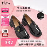 他她半岛玫瑰英伦风乐福鞋女鞋山茶花小皮鞋7WX22CA4黑色粗跟 37