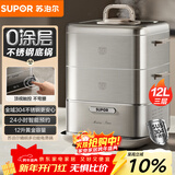 苏泊尔（SUPOR）0涂层不锈钢电蒸锅 电煮锅 电火锅 多功能家用蒸包子锅 智能预约电热锅 12升多用途锅ZN23FC660