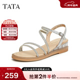 他她（TATA）绝美坡跟凉鞋女外穿一字带时装凉鞋秋季新款7UA03BL4 银色 38