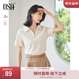 欧莎（OSA）纯色V形polo领t恤衫女士夏季衣服2025新款短袖高档显瘦减龄上衣 米白色 M
