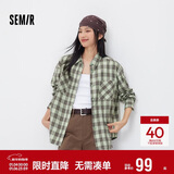森马（Semir）长袖衬衫女春季中长款oversize翻领落肩格纹女生衬衣101125105007