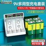 德力普（Delipow）9V充电电池6F22方形电池大容量充电器套装 适用于万用表对讲机电吉他话筒金属探测器烟雾报警器等 双槽多用型充电器+4节9V锂电池550mAh