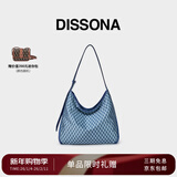 DISSONA迪桑娜女包幸运锦囊hobo包老花包单肩手提包情侣通勤【新年礼物】 牛仔色-大号（肩带可调节）