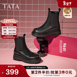 他她（TATA）英伦风切尔西靴女显瘦加绒厚底烟筒靴时装靴冬新GXB01DD4 黑色（绒里） 35