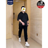 轩森图（XUANSENTU）微胖男生显瘦穿搭夏季短袖T恤男条纹连帽半袖体恤宽松大码胖子潮 黑色T恤+黑色裤子 2XL (180) 建议160-180斤