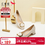 红蜻蜓秋冬女士粗跟小香风皮鞋职业通勤妈妈鞋高跟鞋WFB31540 米白色 39