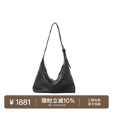 裘真新年礼物【明星推荐】经典hobo包植鞣牛皮腋下通勤休闲饺子女包 黑色-大号 小包/大包