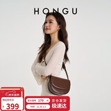 红谷包包女牛皮宽肩带单肩斜挎包时尚复古马鞍包 元旦生日礼物