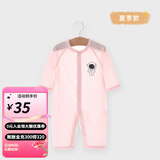 婧麒婴儿衣服夏季薄款新生宝宝提花连体衣纯棉空调服爬服夏装单件 宇航员粉 90cm