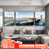 瑞尚（RUISHANG）北欧风格圆角客厅装饰画现代简约抽象山水餐厅壁画沙发背景墙挂画 石来运转A 左右60*80+中110*80/圆角/黑框