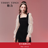 糖力【商场同款】春秋季新款仙气亮片羽毛拼接网纱长袖连衣裙女 杏黑拼色 S