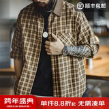 马登工装美式复古苏格兰格纹长袖衬衫灯芯绒拼接翻领格子衬衣男秋季 卡其格 L