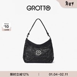 GROTTO个乐经典黑石hobo包大小号植鞣绵羊皮腋下单肩斜挎软包通勤礼物 经典黑 银标S