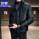 罗蒙（ROMON）高端羽绒服男25秋冬季新款短款帅气潮牌白鸭绒皮衣外套保暖防风雨 3723黑色 立领PU皮 XL 120-140斤