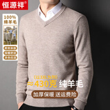 恒源祥重磅430G加厚100%纯羊毛衫男V领毛衣男秋冬季中青年保暖针织衫男 浅卡其 XL 390克【建议140-160斤】