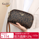 鳄鱼恤跨年礼物双拉链手腕包经典老花休闲女士手包送老婆驼色