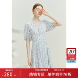 范思蓝恩23FS12521茶歇法式雪纺碎花连衣裙女夏V领海边度假长裙子 白底紫花 M