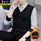 啄木鸟加绒加厚男士假两件秋冬季保暖毛衣针织衫潮流百搭打底衫衬衫长袖 白条纹 加绒 XL