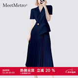 MeetMetro玛依尔西装连衣裙女2025秋季新款质感职业通勤百褶裙 夏款藏青 L
