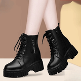 大东女士真软皮马丁靴2025新款秋冬单靴厚底内增高靴子加绒英伦风短靴子女 黑色加绒 36