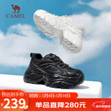 骆驼（CAMEL）老爹鞋女网布皮面拼接双系带厚底休闲鞋 L23S703108W 黑色透网 35
