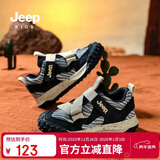 JEEP吉普儿童运动鞋春秋男童跑步鞋6-12岁女童皮面老爹鞋 米黑30