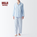 MUJI 女式 无侧缝双层纱织睡衣女士家居服春秋纯棉条纹格纹长袖 女款 浅蓝色条纹 M (上装160/84A下装160/66A)