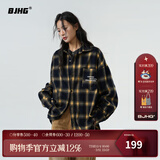 BJHG不计后果秋季刺绣撞色复古格子衬衫男潮牌新款港风宽松衬衣外套女 黄蓝格纹 XL
