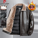皮尔卡丹冬季羽绒服皮衣男爸爸外套冬装加厚保暖加绒皮夹克中老年人皮棉袄 A11咖色【后背90%白鸭绒】 XL (180) 【适合116-130斤】