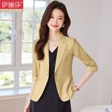 伊娅莎中袖小西装外套女夏薄款时尚气质休闲短款小个子天丝防晒西服上衣 卡其色西装单件 XL 建议110-120斤