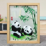 老秀馆蜀绣熊猫伴手礼双面刺绣摆件工艺品中国特色礼物送老外出国纪念品 榉木外框-竹子熊猫（成都发货）
