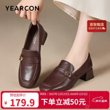 意尔康女鞋中粗跟方头乐福鞋复古英伦风通勤单鞋女 13380W深棕 38