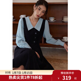 独束大码女装假两件撞色衬衫领连衣裙女秋冬微胖mm文艺复古穿搭裙子 墨染黑【适合165左右】 4XL