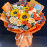 插画春节鲜花速递向日葵玫瑰混搭花束送女友生日礼物全国同城配送 3朵向日葵香槟玫瑰花束