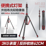 轻装时代MT02便携灯架三脚架2.6米影棚漫展短剧户外拍摄影闪光灯架补光灯支架专业超轻便反折叠收纳三角架 MT02铝合金【扳扣版】红色 适用旅行野外山地海边沙滩全地形拍摄打光