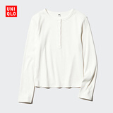 优衣库女装罗纹亨利领T恤/长袖修身短款内搭打底479591 487908 487908/01乳白色 M
