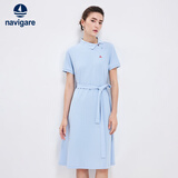 Navigare意大利小帆船短袖连衣裙女士夏季棉质斜领裙子时尚显瘦半袖a字裙 冰水蓝 M 码