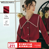 Olrain欧芮儿大翻领毛衣女春装新款复古泡泡袖上衣 红色 XL